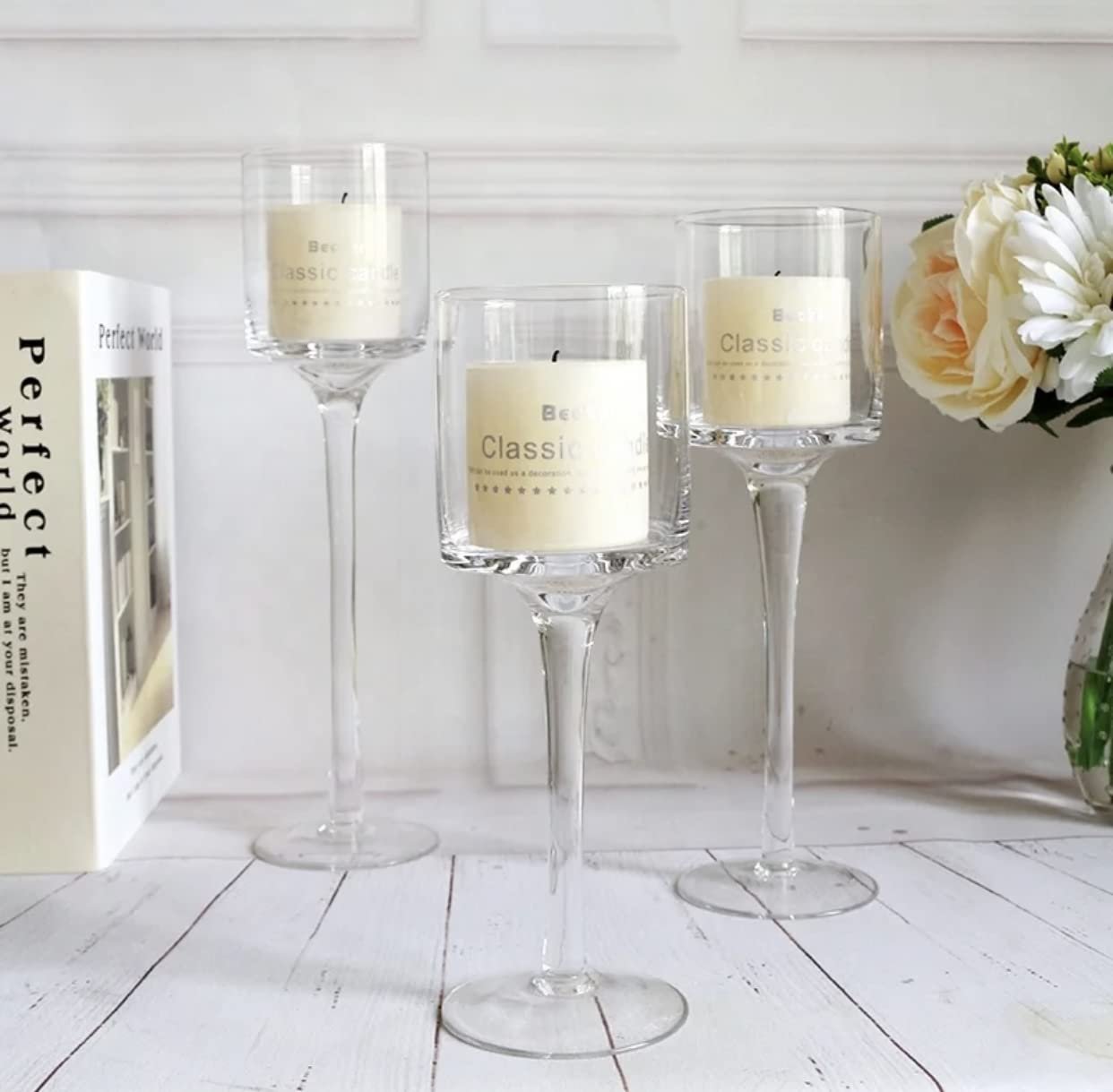 Mado gallery Clear Glass Candle holder Tea Light Candle set of 3 pieces for wedding & events & home accessories invite A piece of art into your home