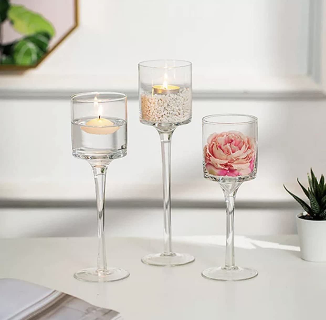 Mado gallery Clear Glass Candle holder Tea Light Candle set of 3 pieces for wedding & events & home accessories invite A piece of art into your home