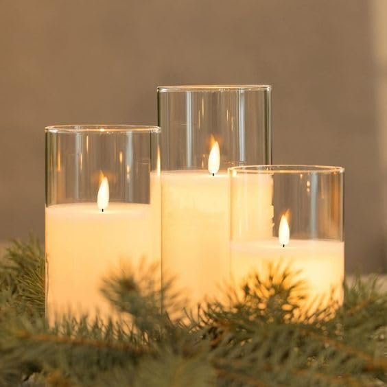 Mado gallery LED Candles Glass with dancing flameless & Battery Operated set of 3 pieces in one box with golden or clear colors, real wax and real feel of artificial candle flames (Clear Color)