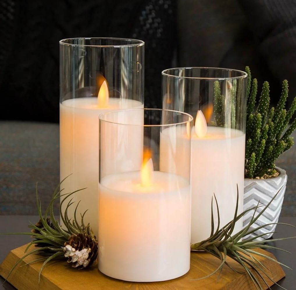 Mado gallery LED Candles Glass with dancing flameless & Battery Operated set of 3 pieces in one box with golden or clear colors, real wax and real feel of artificial candle flames (Clear Color)