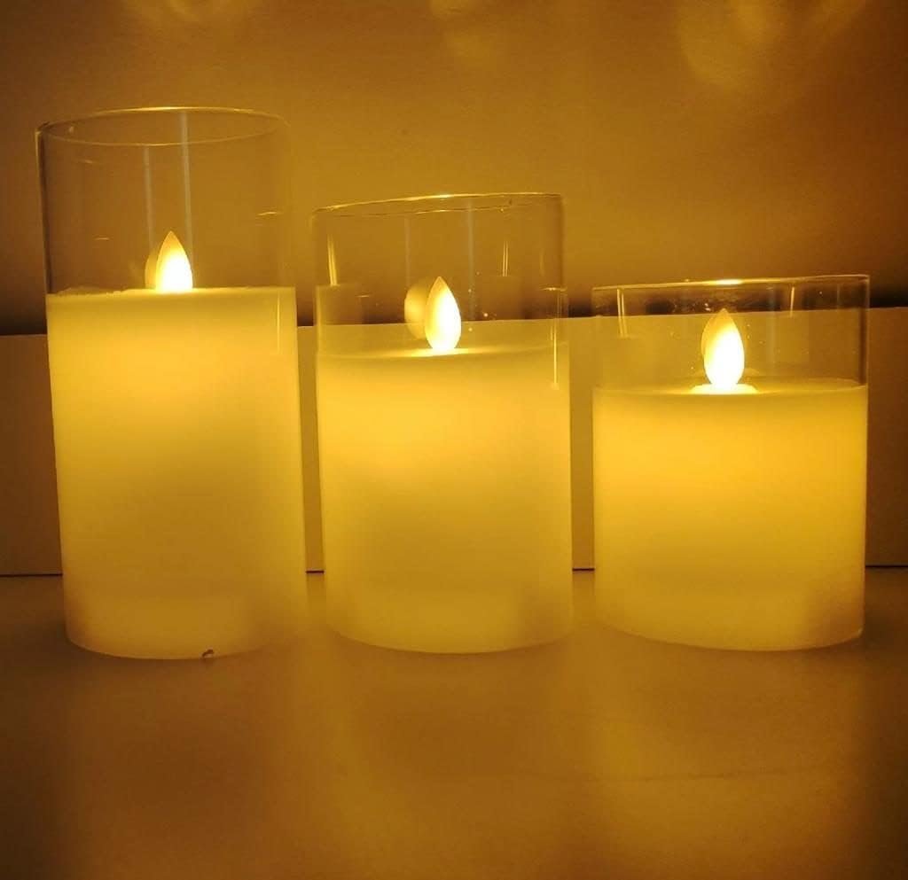 Mado gallery LED Candles Glass with dancing flameless & Battery Operated set of 3 pieces in one box with golden or clear colors, real wax and real feel of artificial candle flames (Clear Color)