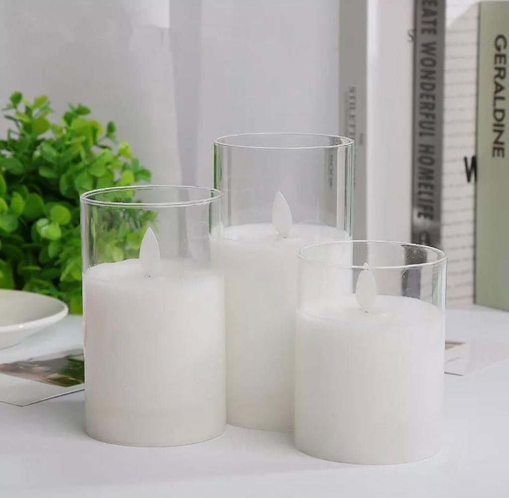 Mado gallery LED Candles Glass with dancing flameless & Battery Operated set of 3 pieces in one box with golden or clear colors, real wax and real feel of artificial candle flames (Clear Color)