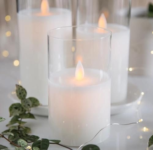 Mado gallery LED Candles Glass with dancing flameless & Battery Operated set of 3 pieces in one box with golden or clear colors, real wax and real feel of artificial candle flames (Clear Color)