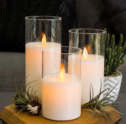 Mado gallery LED Candles Glass with dancing flameless & Battery Operated set of 3 pieces in one box with golden or clear colors, real wax and real feel of artificial candle flames (Clear Color)