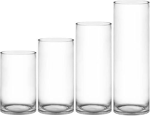 Mado Gallery Glass Cylinder Vases Set of 4 | Clear Flower & Candle Holders for Home, Events & Weddings | Floating & Pillar Candles Compatible