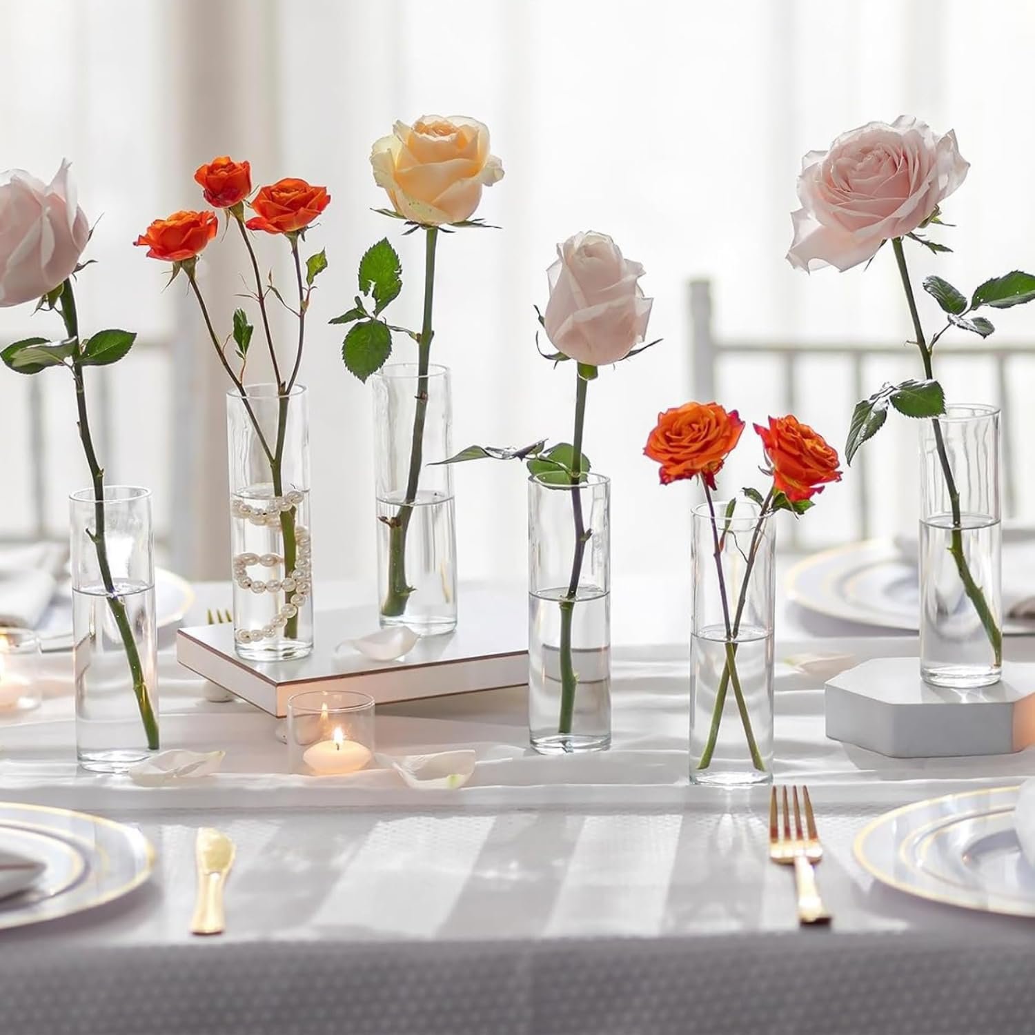 Mado Gallery Clear Cylinder Glass Vase, Single Size (5×20CM, 5×25CM, 5×30CM) – Tall Vase for Flowers, Floating or Pillar Candles, Ideal for Home & Wedding Decor (Box Of 1 Piece, 5 CM (D) x 20 CM (H))