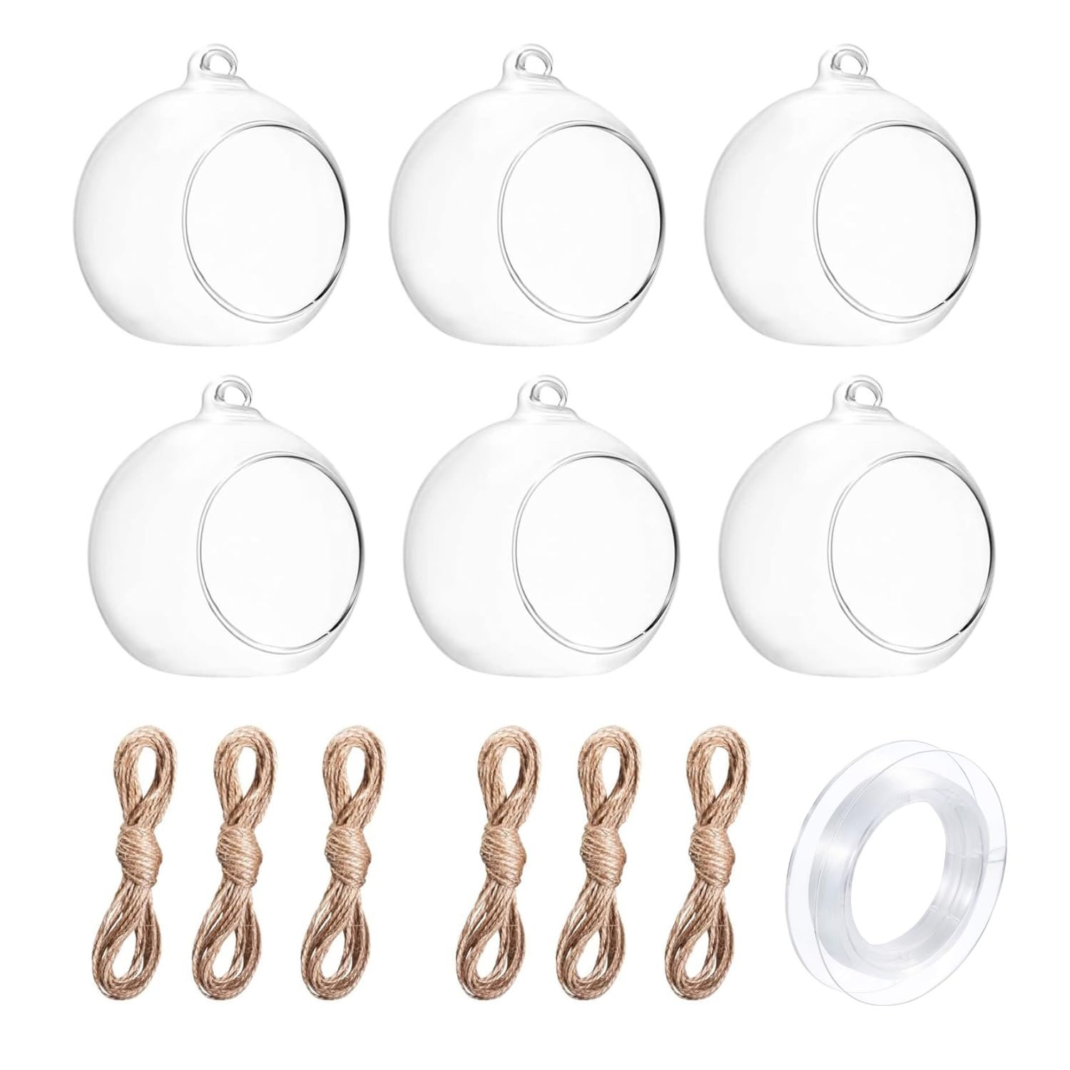 Hanging Glass Globe Holders with Jute & Fish Wire – 6, 12 or 24 Pieces