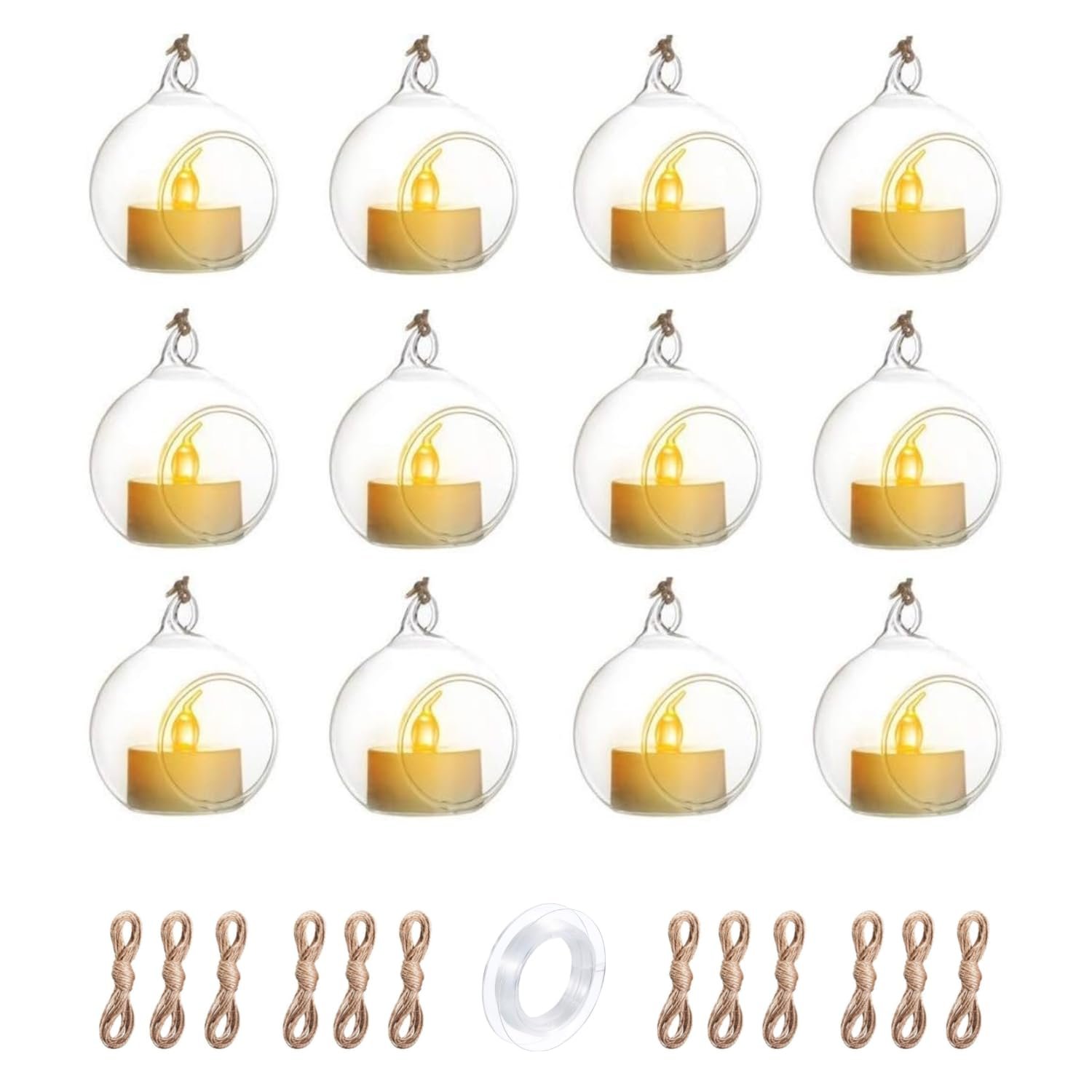 Hanging Glass Globe Candle Holder Set with Tealights, Jute & Fish Wire – 12 Pieces