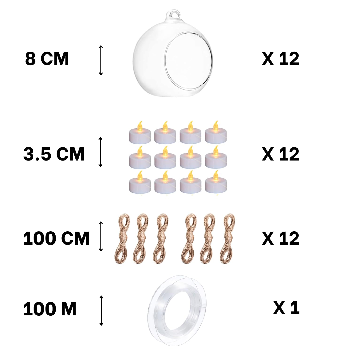 Hanging Glass Globe Candle Holder Set with Tealights, Jute & Fish Wire – 12 Pieces | Mado Gallery