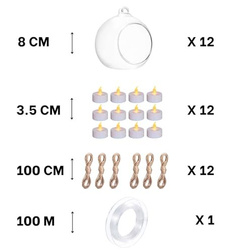 Hanging Glass Globe Candle Holder Set with Tealights, Jute & Fish Wire – 12 Pieces | Mado Gallery