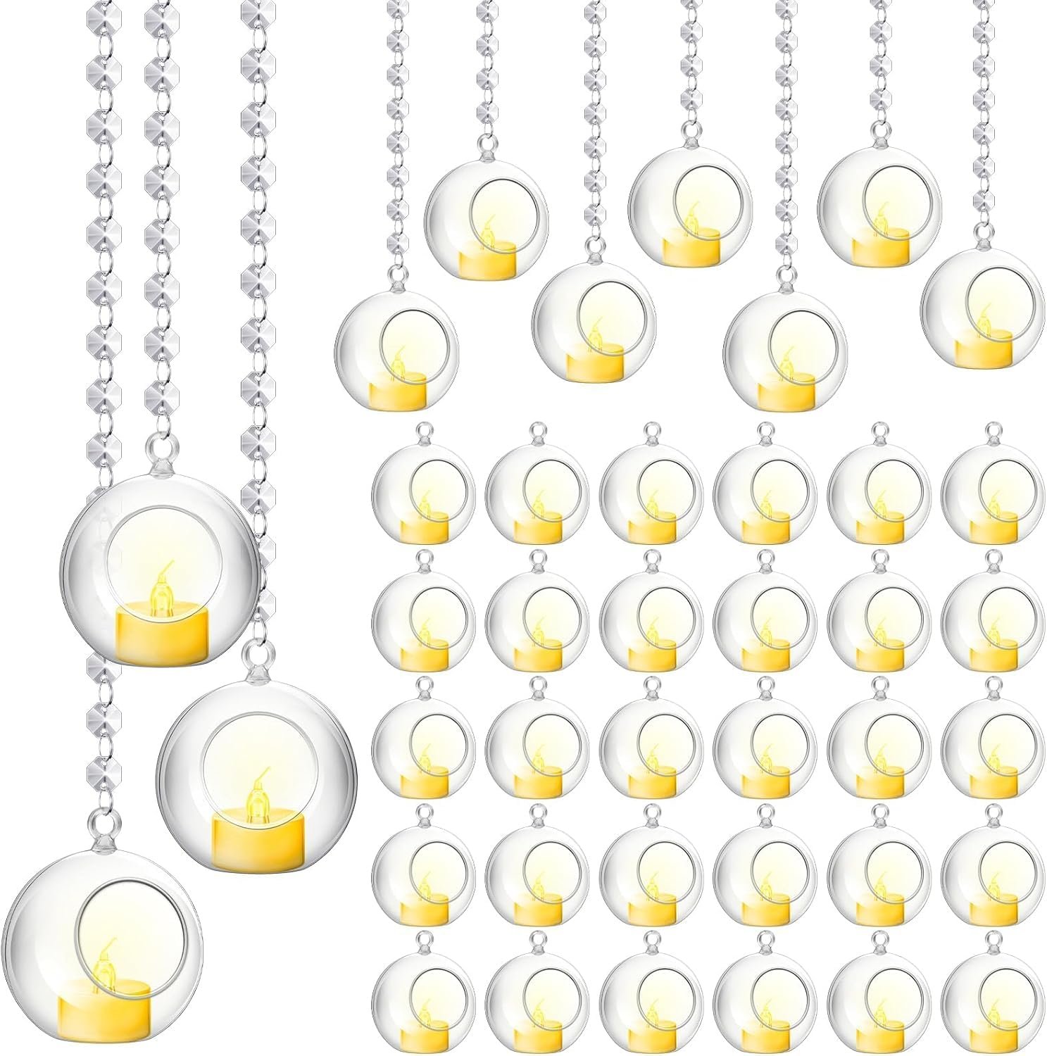 Hanging Glass Globe Candle Holder Set with Tealights & Crystal Line – 12 Pieces