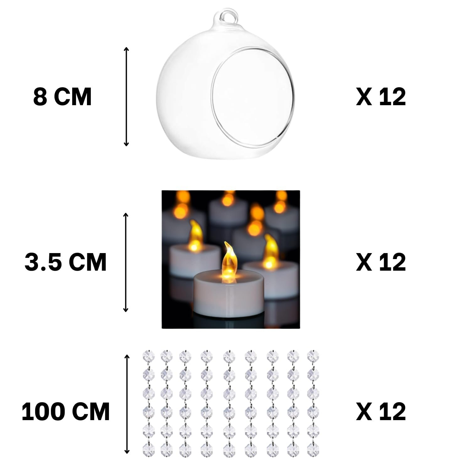 Hanging Glass Globe Candle Holder Set with Tealights & Crystal Line – 12 Pieces | Mado Gallery