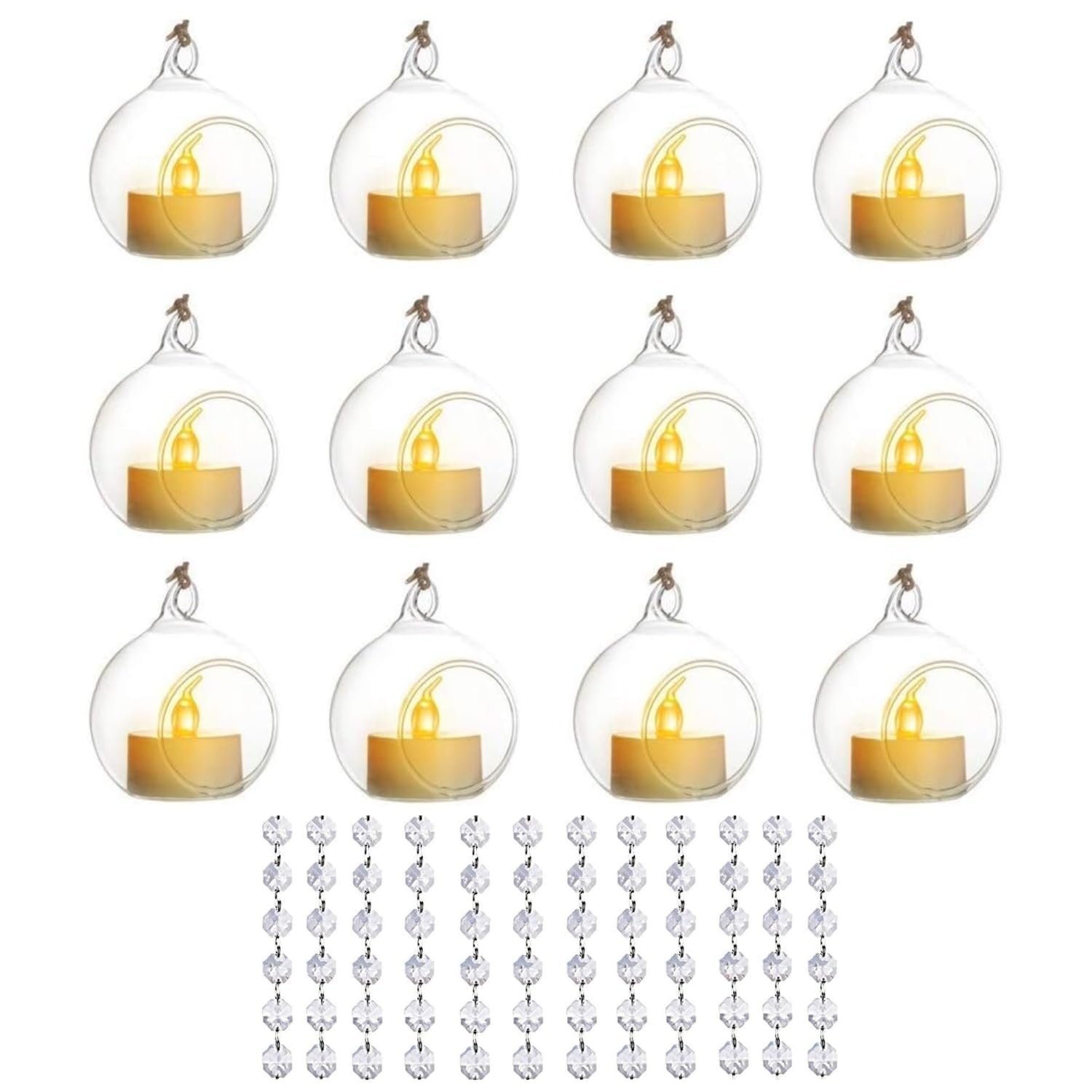 Hanging Glass Globe Candle Holder Set with Tealights & Crystal Line – 12 Pieces | Mado Gallery
