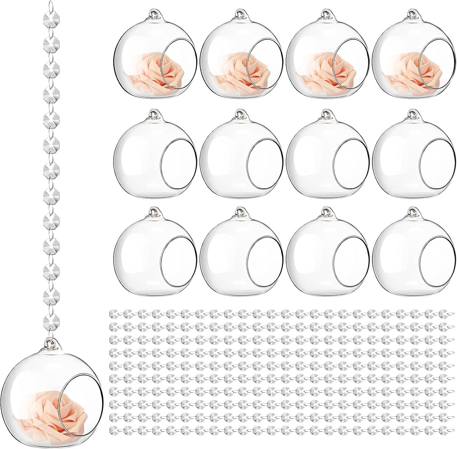 Hanging Glass Globe Candle Holder Set with Tealights & Crystal Line – 12 Pieces | Mado Gallery
