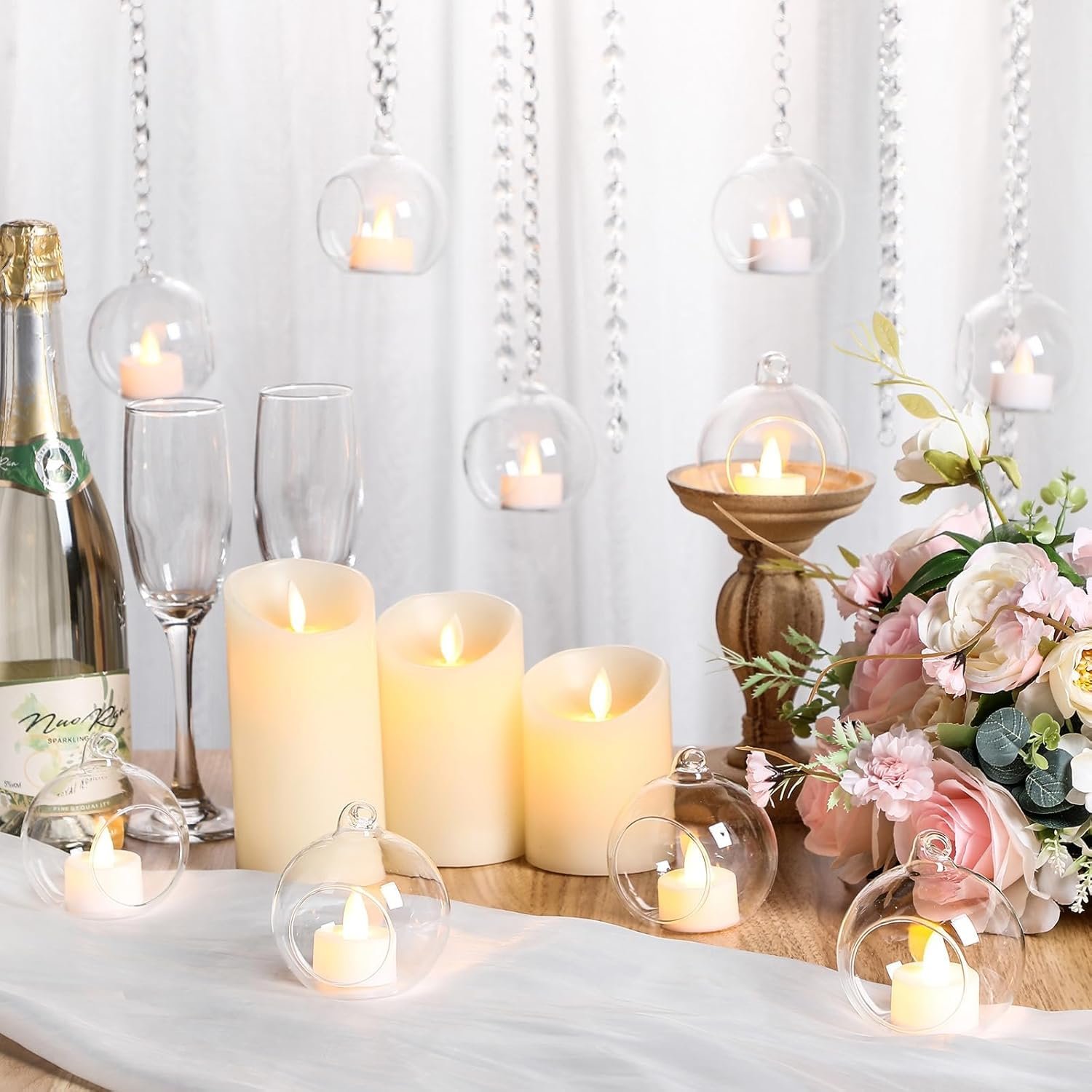 Hanging Glass Globe Candle Holder Set with Tealights & Crystal Line – 12 Pieces | Mado Gallery