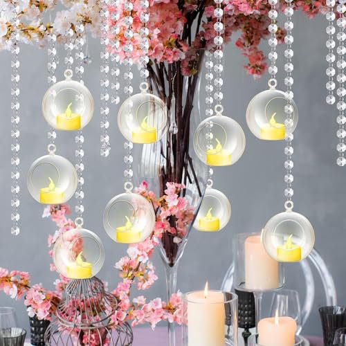 Hanging Glass Globe Candle Holder Set with Tealights & Crystal Line – 12 Pieces | Mado Gallery