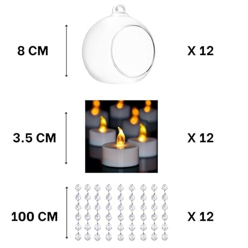 Hanging Glass Globe Candle Holder Set with Tealights & Crystal Line – 12 Pieces | Mado Gallery