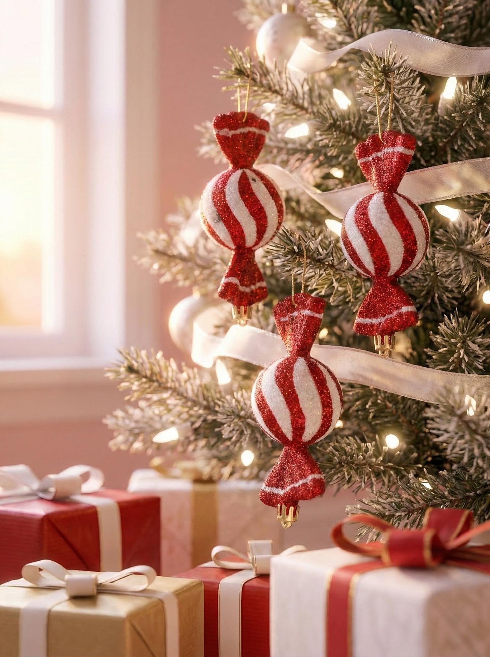 Red Glitter Candy Cane Ornaments – Pack of 3 | Mado Gallery