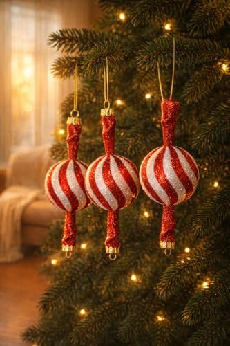 Red Glitter Candy Cane Ornaments – Pack of 3 | Mado Gallery