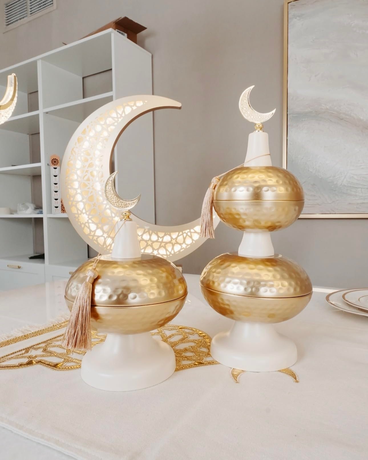 Ivory Hammered Dessert & Date Stands with Crescent – Set of 3 | Mado Gallery