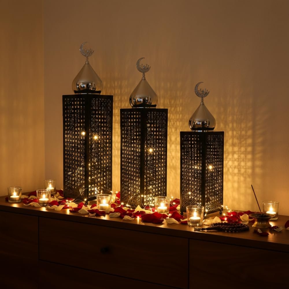 Black Metal LED Crescent Lanterns – Set of 3 | Mado Gallery