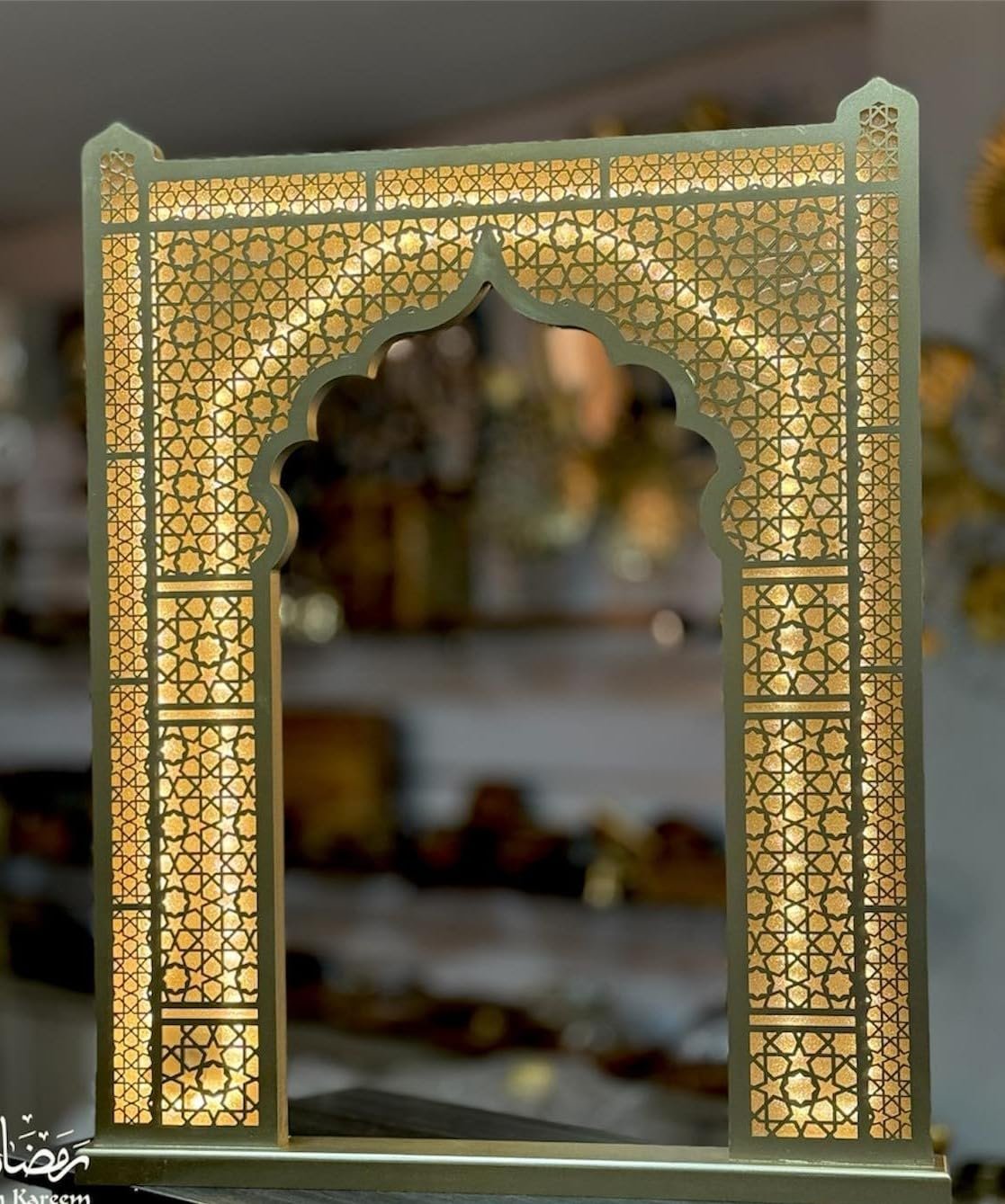 Gold Wooden LED Ramadan & Eid Decor Stand – 60 × 6 × 77 cm